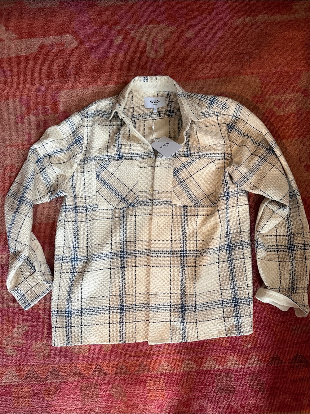 Wax Cream Plaid Button-Up Shirt with Navy Check